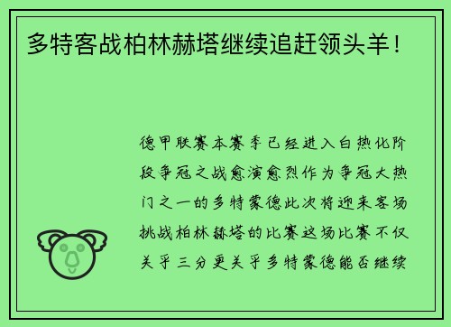 多特客战柏林赫塔继续追赶领头羊！