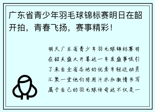 广东省青少年羽毛球锦标赛明日在韶开拍，青春飞扬，赛事精彩！