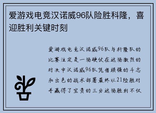 爱游戏电竞汉诺威96队险胜科隆，喜迎胜利关键时刻